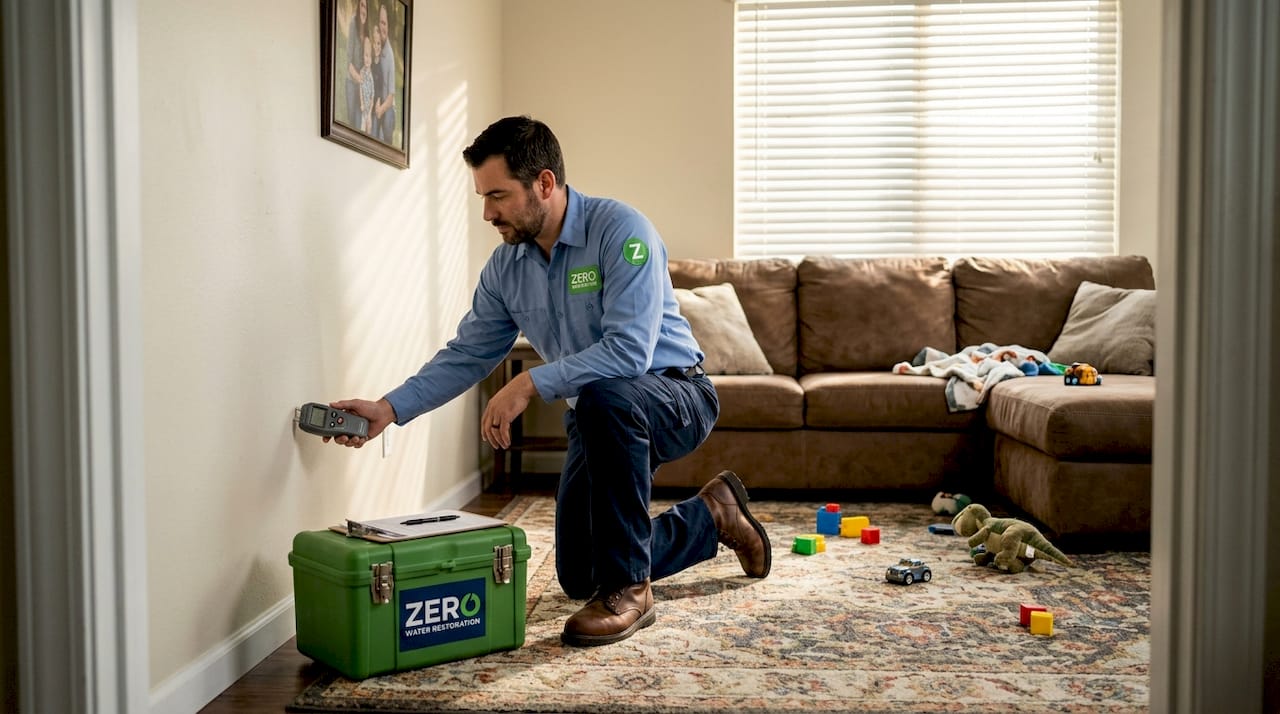 Restoration professional checking wall moisture in home
