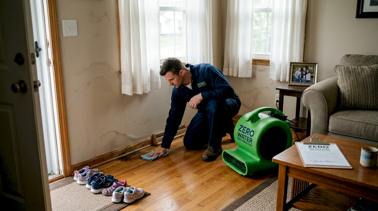 Technician restoring water-damaged living room