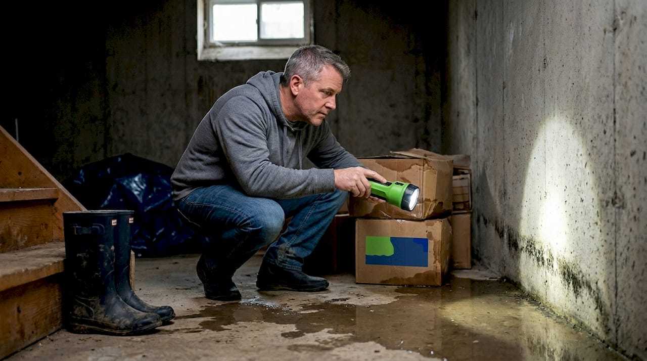 1778036133730_Homeowner-inspecting-mold-in-flooded-basement-2 Homeowner inspecting mold in flooded basement