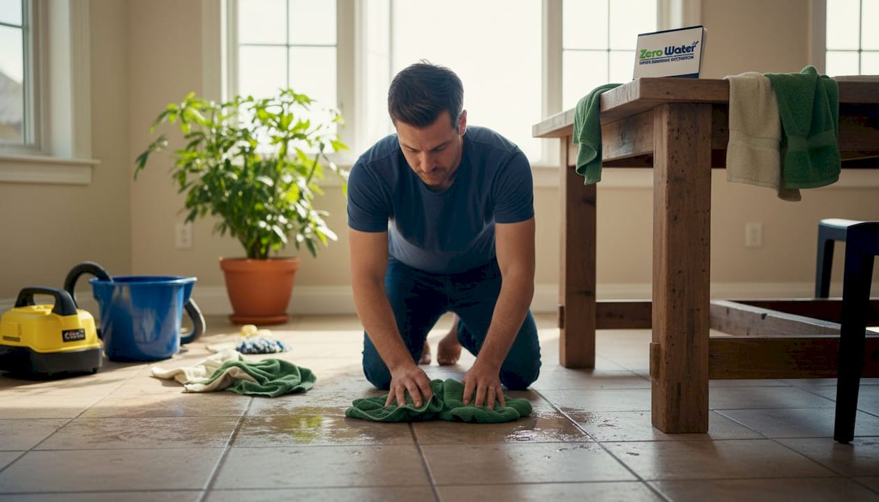 Homeowner cleaning water-damaged living room