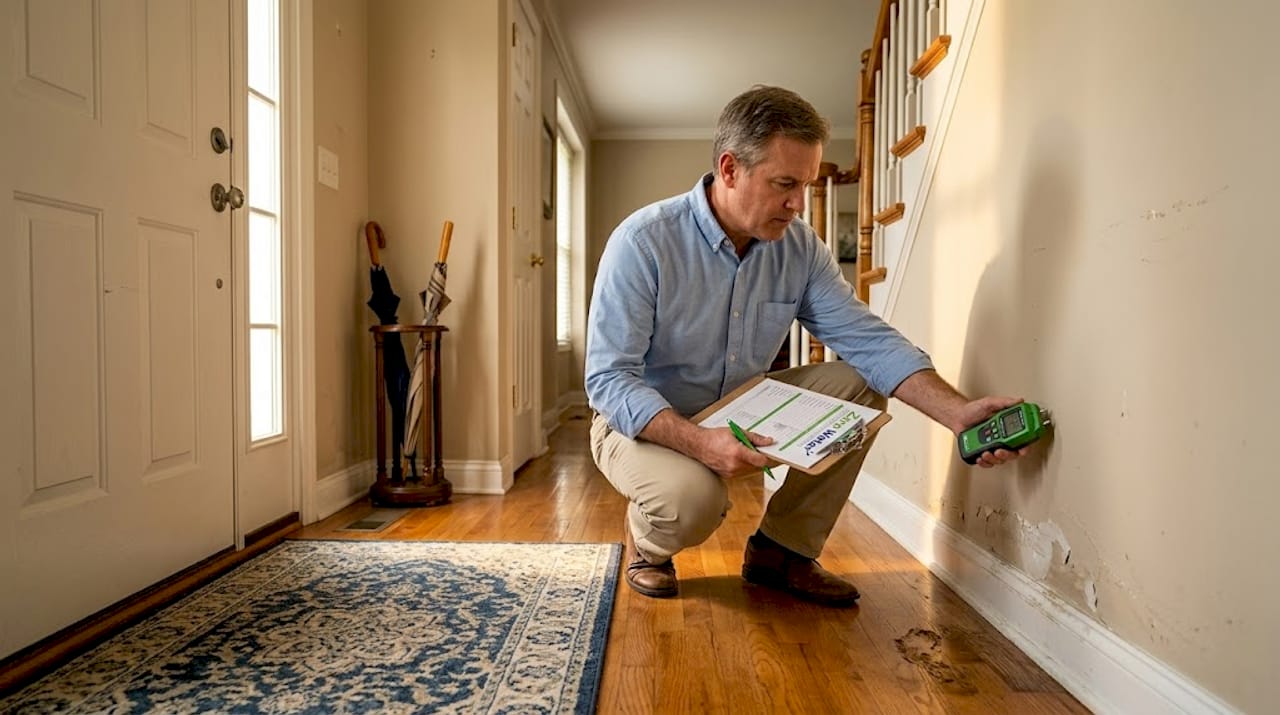 Homeowner inspecting water damaged entryway