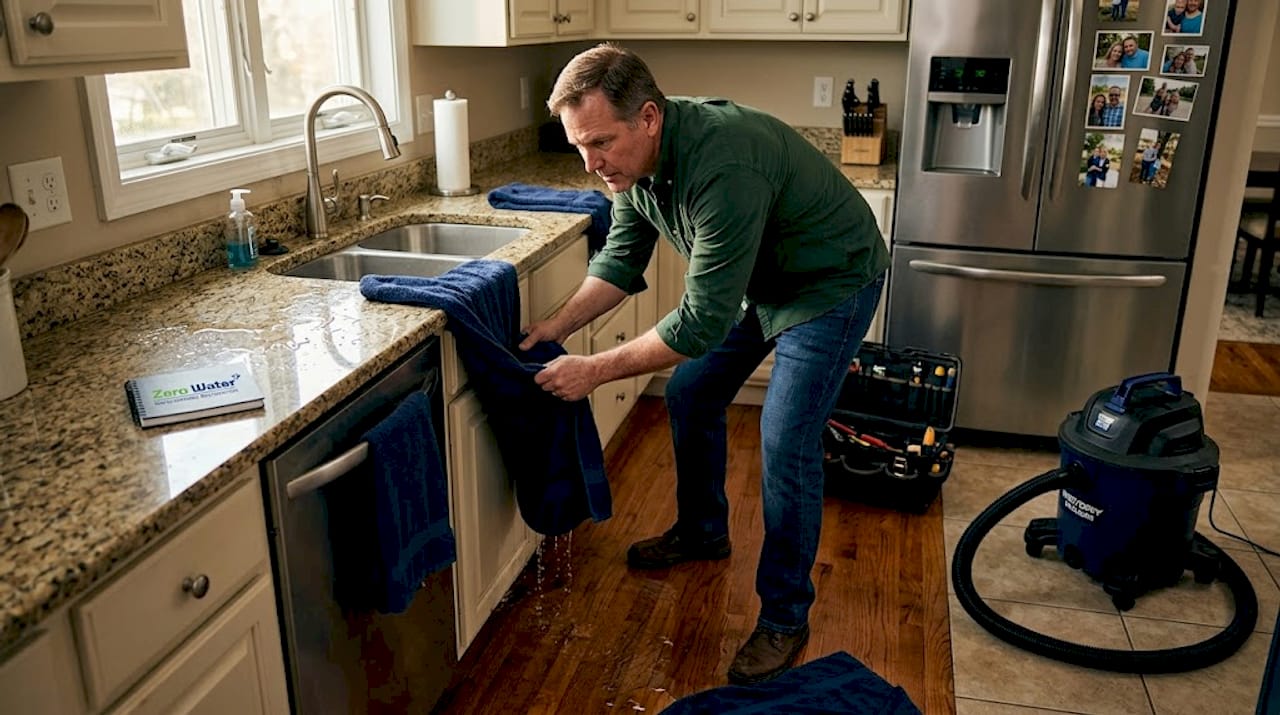 Homeowner taking action after kitchen water leak
