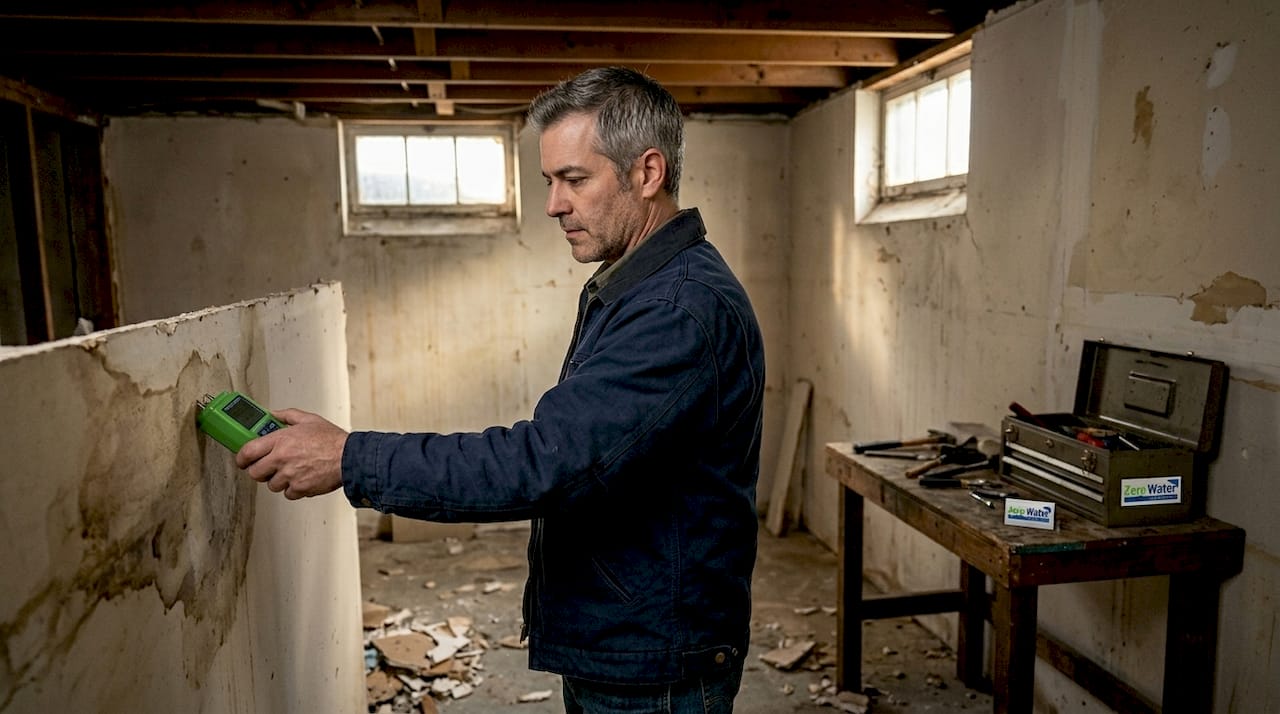 Homeowner checks damage in stripped living room
