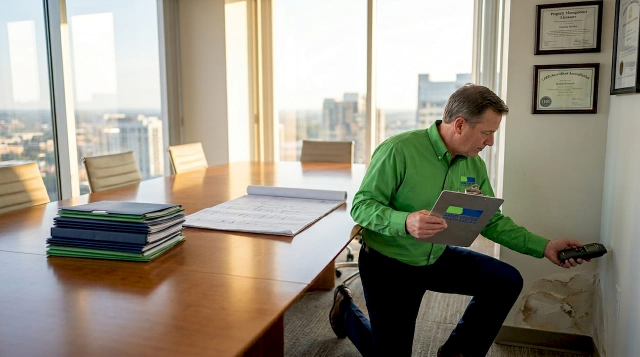Property manager inspecting water-damaged office