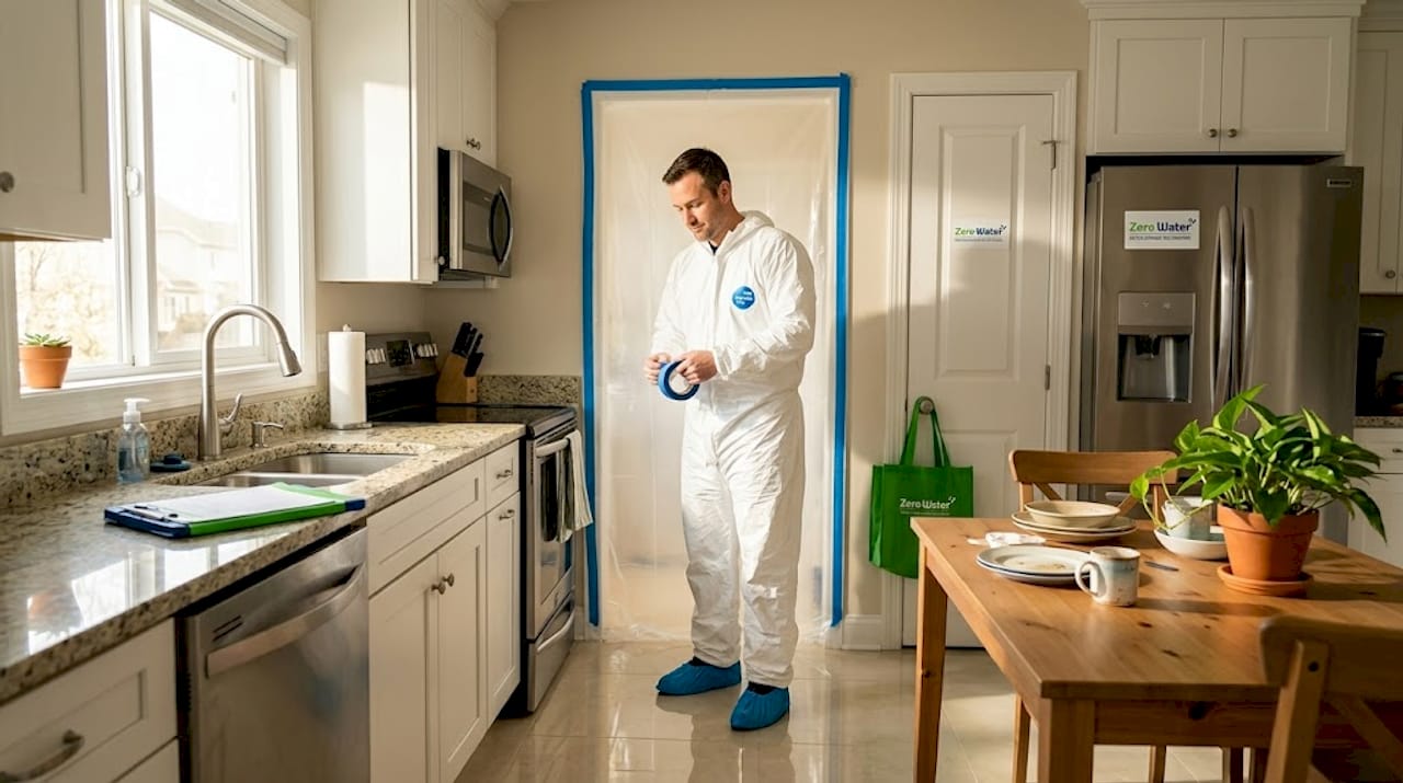 Technician sealing doorway for mold containment