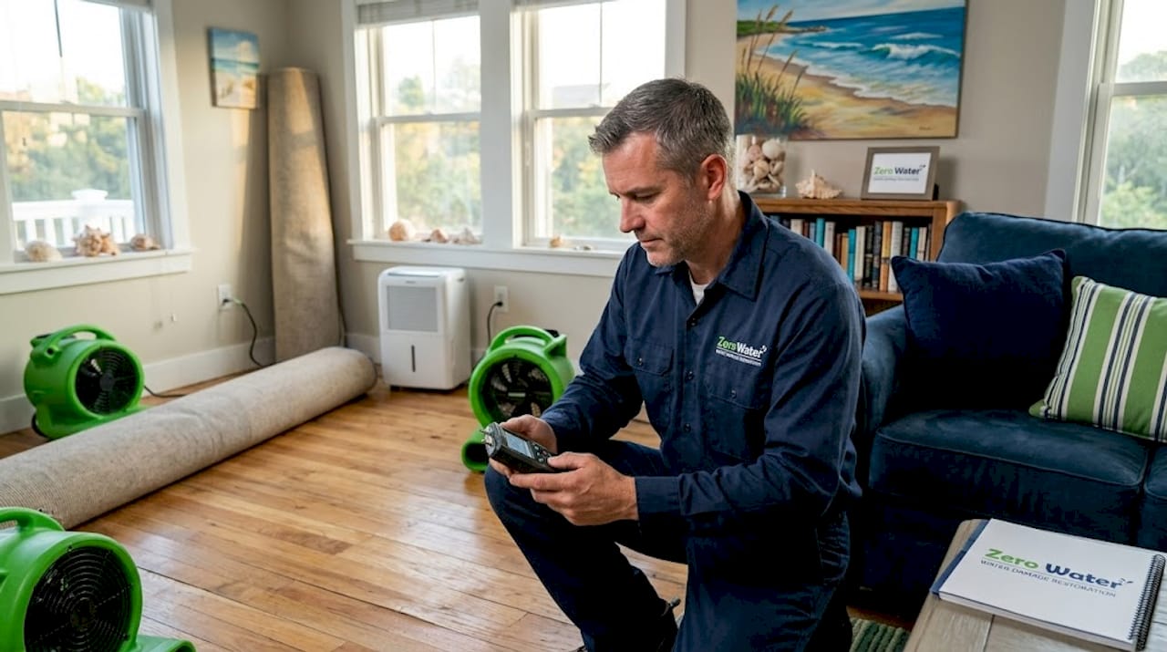 Technician assessing water damage in living room