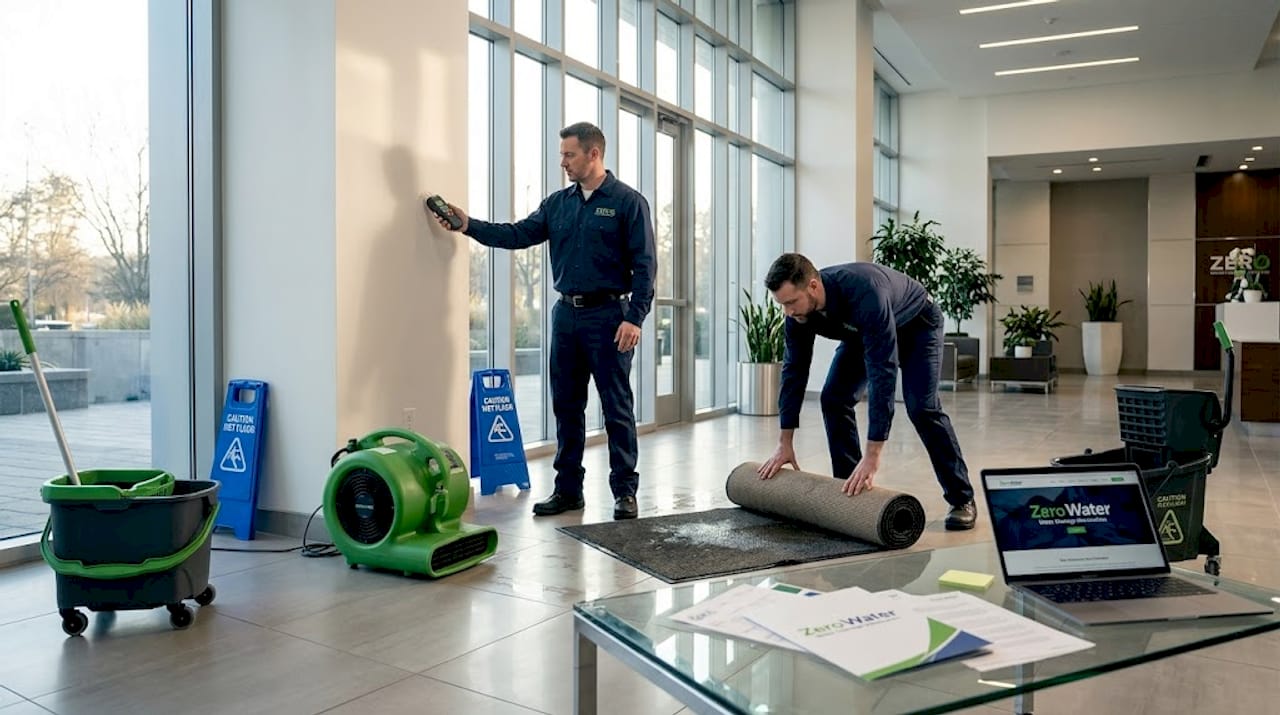 Restoration team assesses office water damage