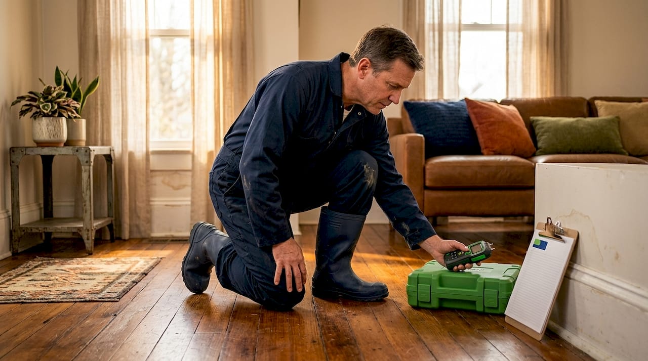Technician checking moisture in living room