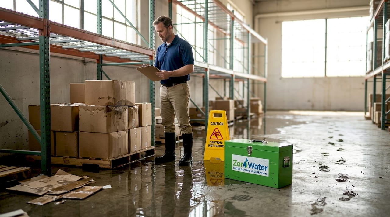 Manager inspecting water damaged warehouse inventory