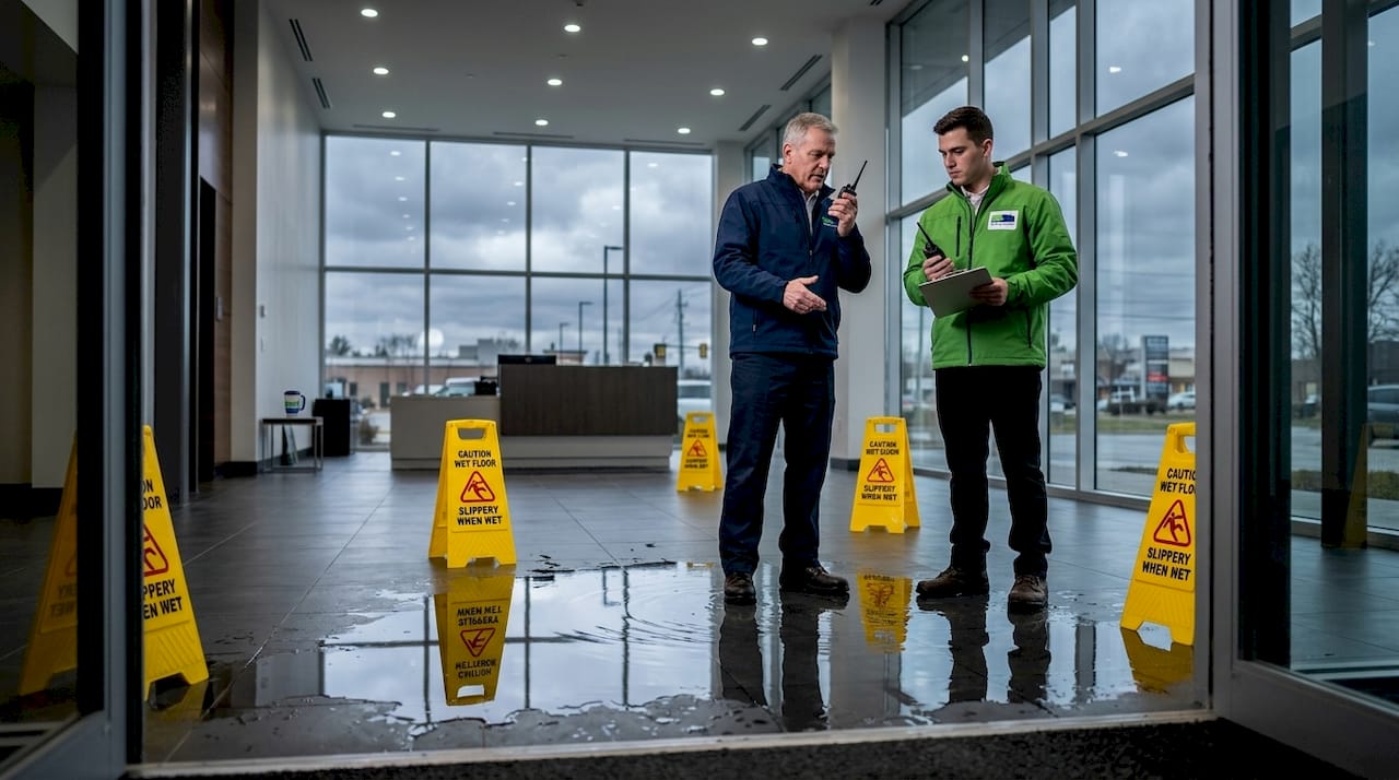 Facilities managers assess flooded commercial lobby