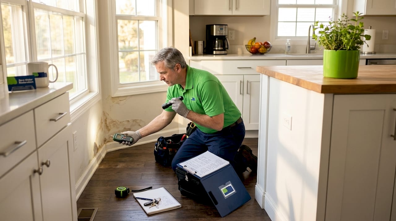 Inspector examining water damage in home