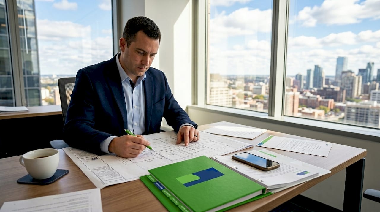 Property manager reviewing water damage restoration plans