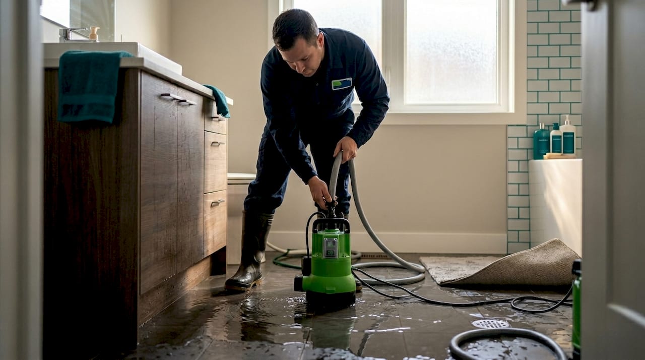 Technician removing water from flooded living room carpet