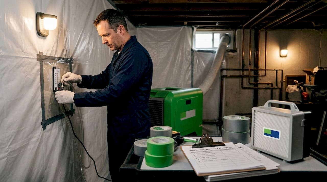 Technician setting up negative air machine in home basement