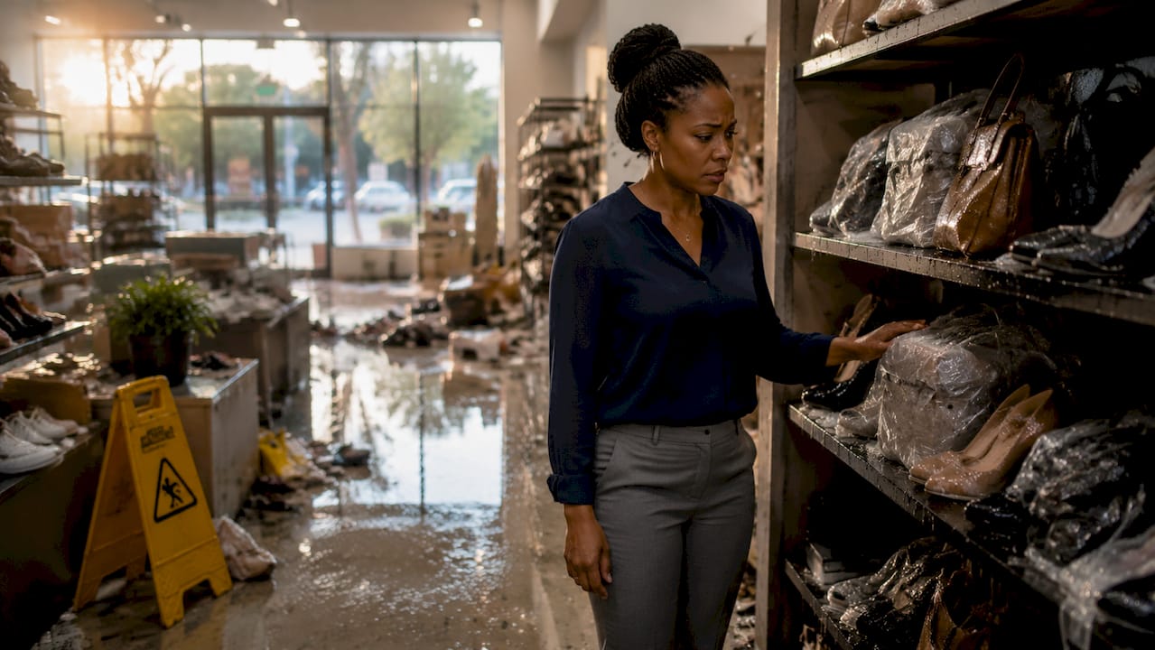 Retail store manager inspecting flooding damage