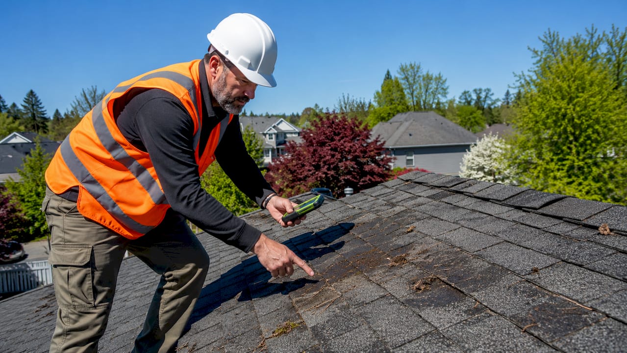 Roofing professional inspecting roof leak damage