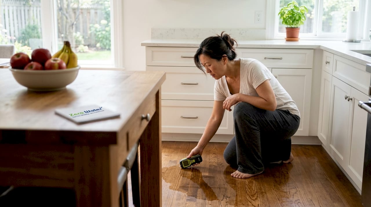 Woman checking water damage on drywall with meter