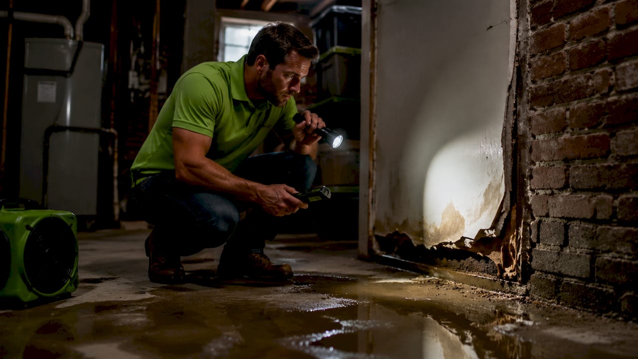 Restoration contractor inspecting water damaged home