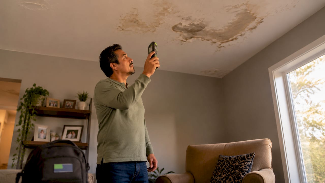 Homeowner inspecting water damage on wall