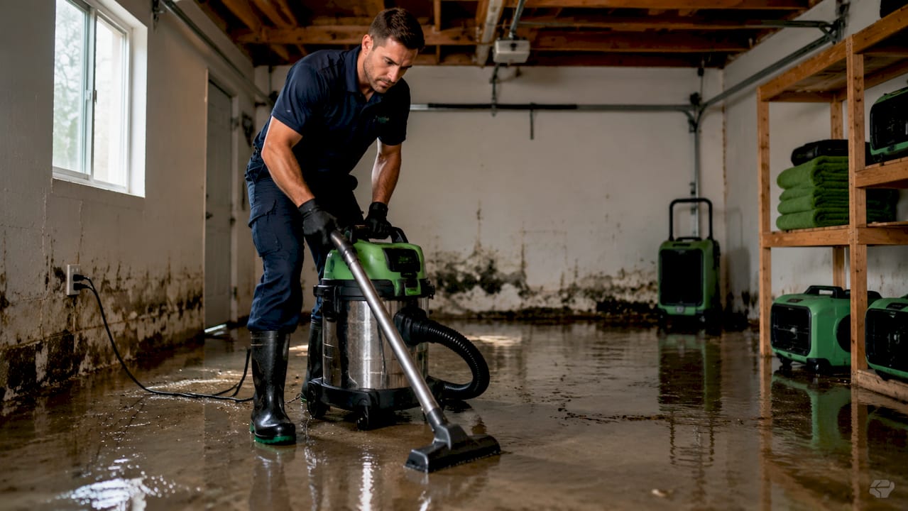 Water restoration technician operating extractor in basement