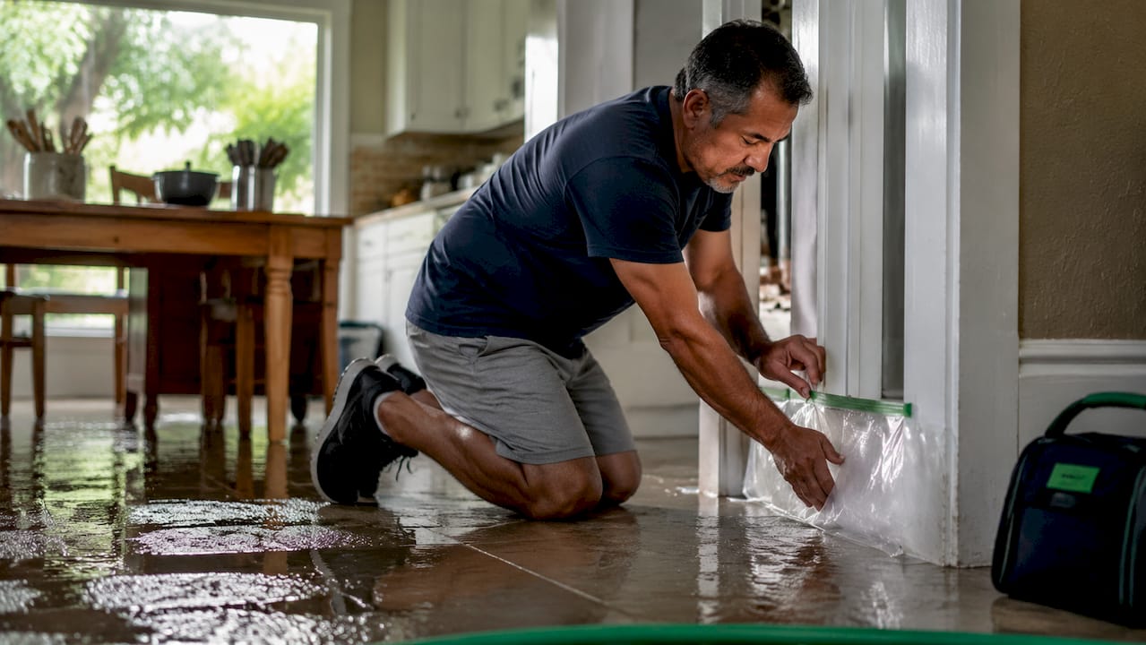 Homeowner placing plastic barrier for water containment