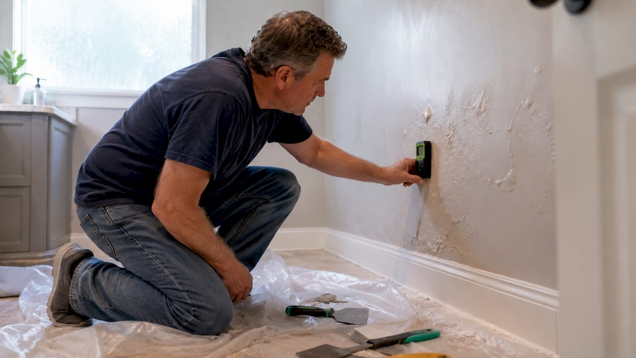 Homeowner inspecting water-damaged drywall
