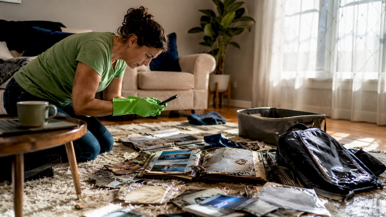 Woman documenting water damaged items on kitchen table