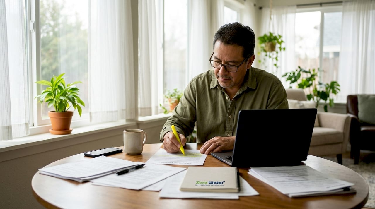 Homeowner reviewing insurance papers at kitchen table