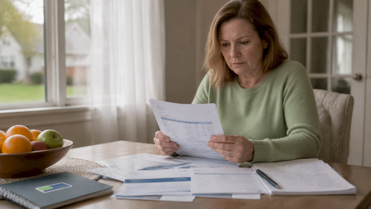 Woman reviewing water restoration bills at kitchen table