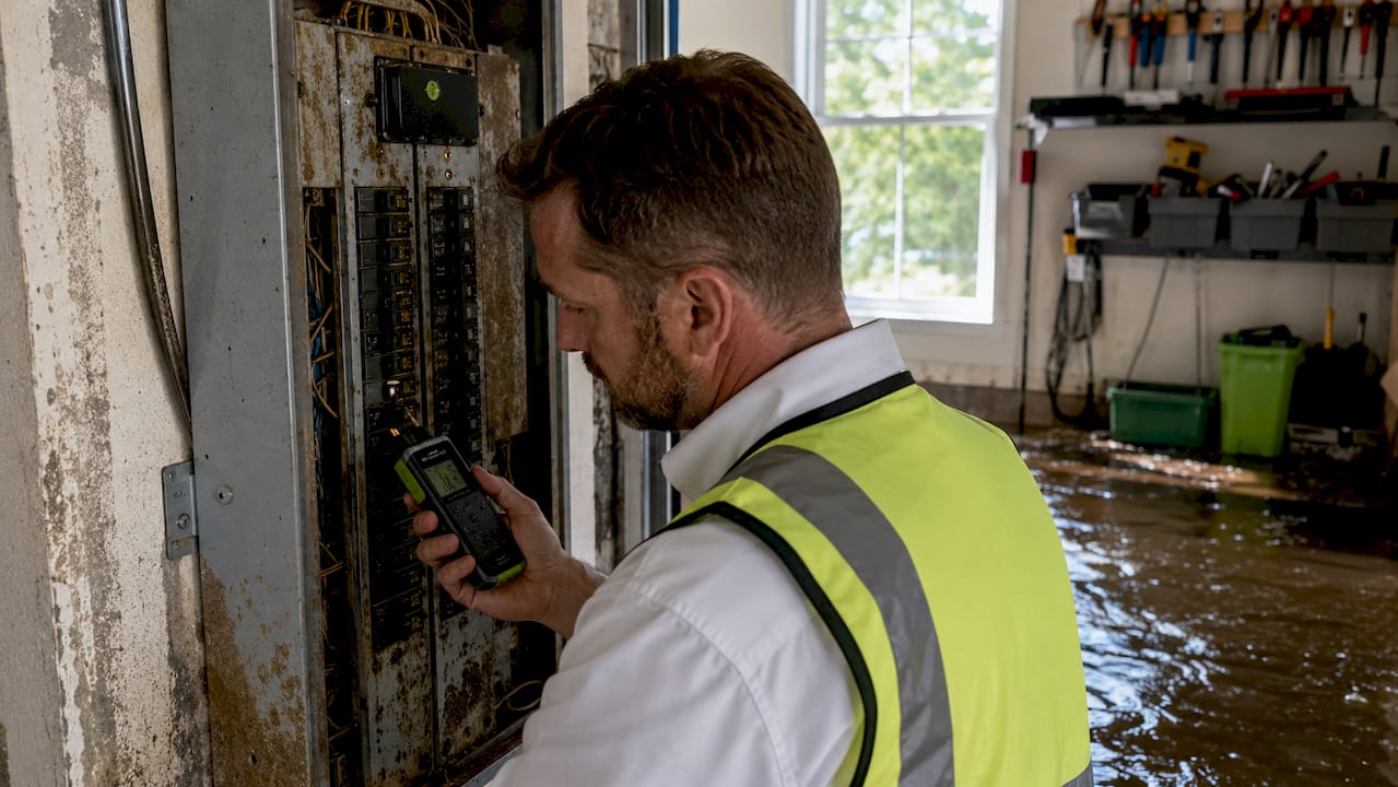 1782809370199_Electrician-checking-water-damage-in-home-electrical-panel Electrician checking water damage in home electrical panel
