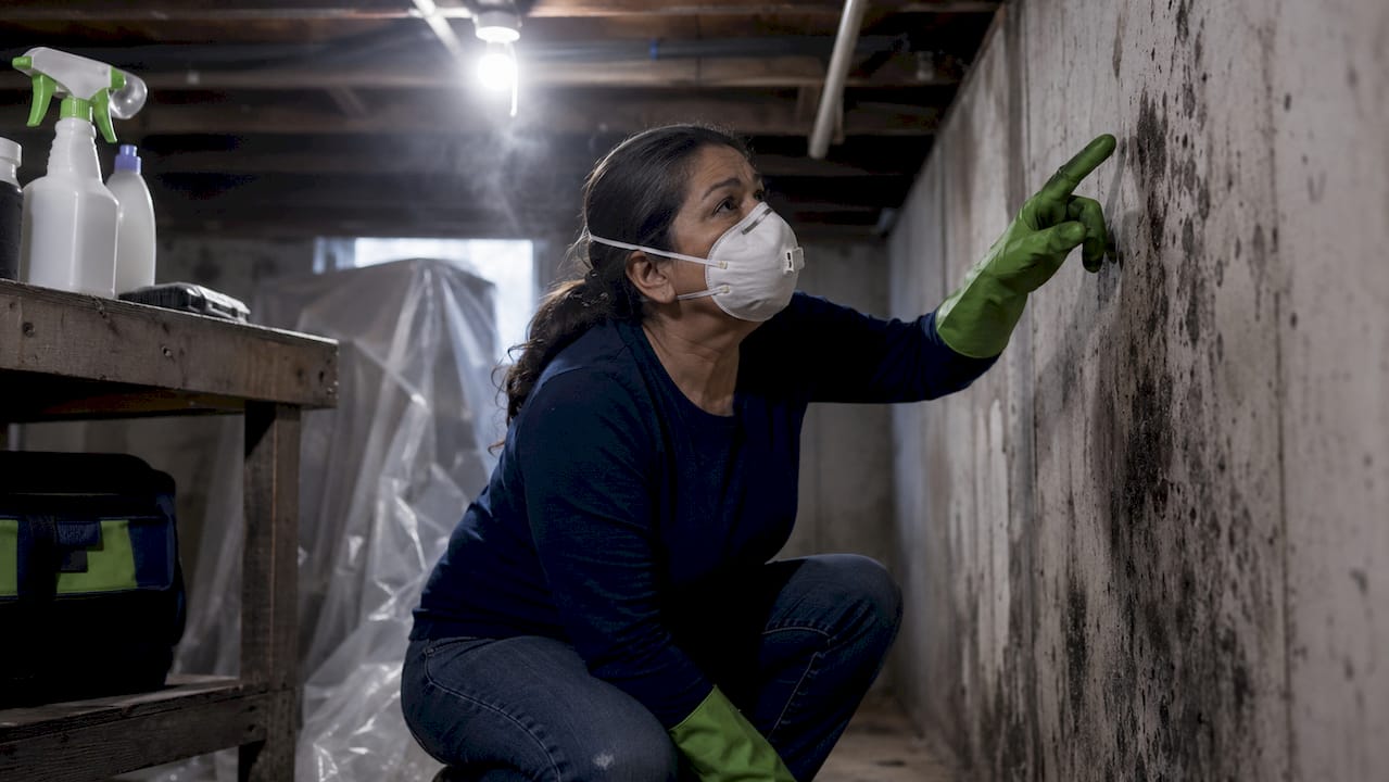 Woman inspecting black mold on wall safely