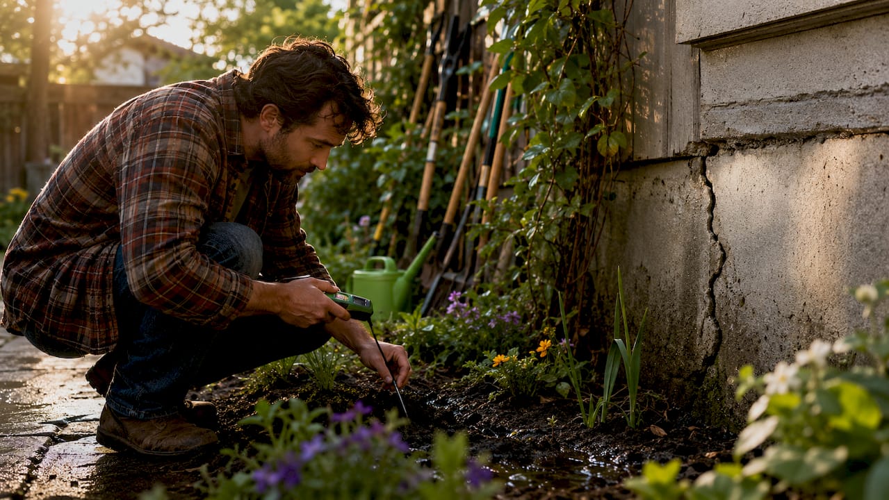 1783493564125_Homeowner-inspecting-wet-foundation-soil Homeowner inspecting wet foundation soil