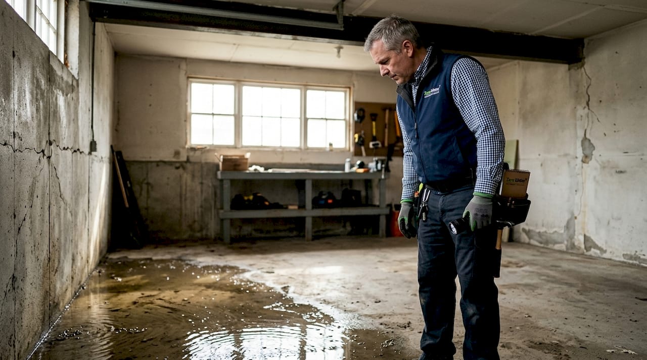 1783691962855_Home-inspector-examining-contaminated-water-in-basement Home inspector examining contaminated water in basement