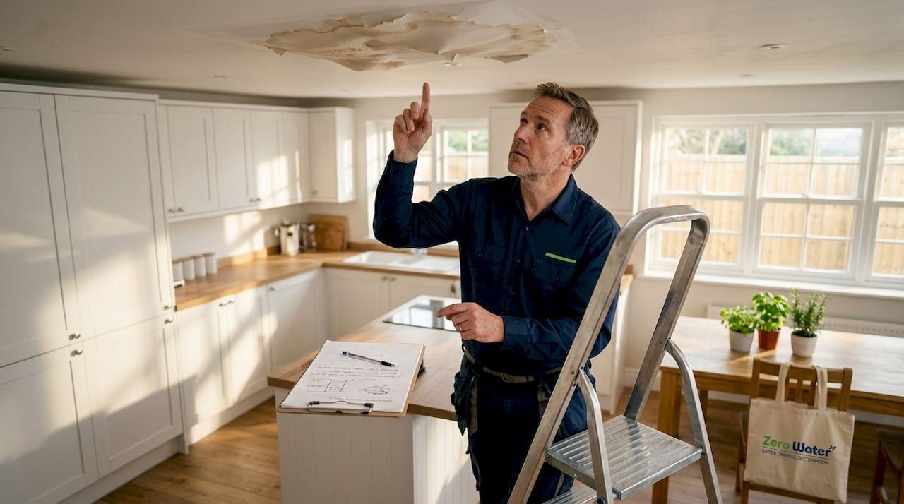 1784018591811_Home-inspector-examining-sagging-water-damaged-ceiling Home inspector examining sagging water damaged ceiling