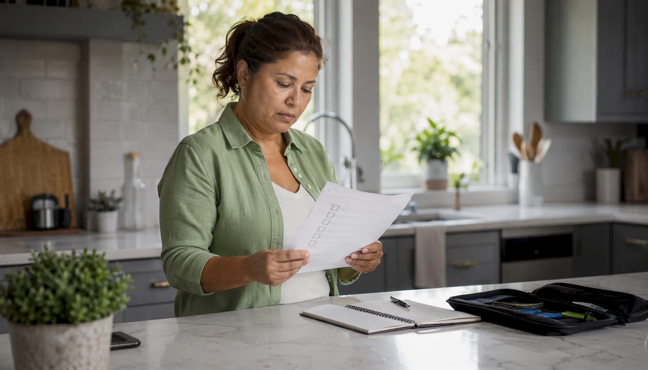 1784317570584_Woman-reviewing-water-damage-repair-alternatives-checklist-1 Woman reviewing water damage repair alternatives checklist