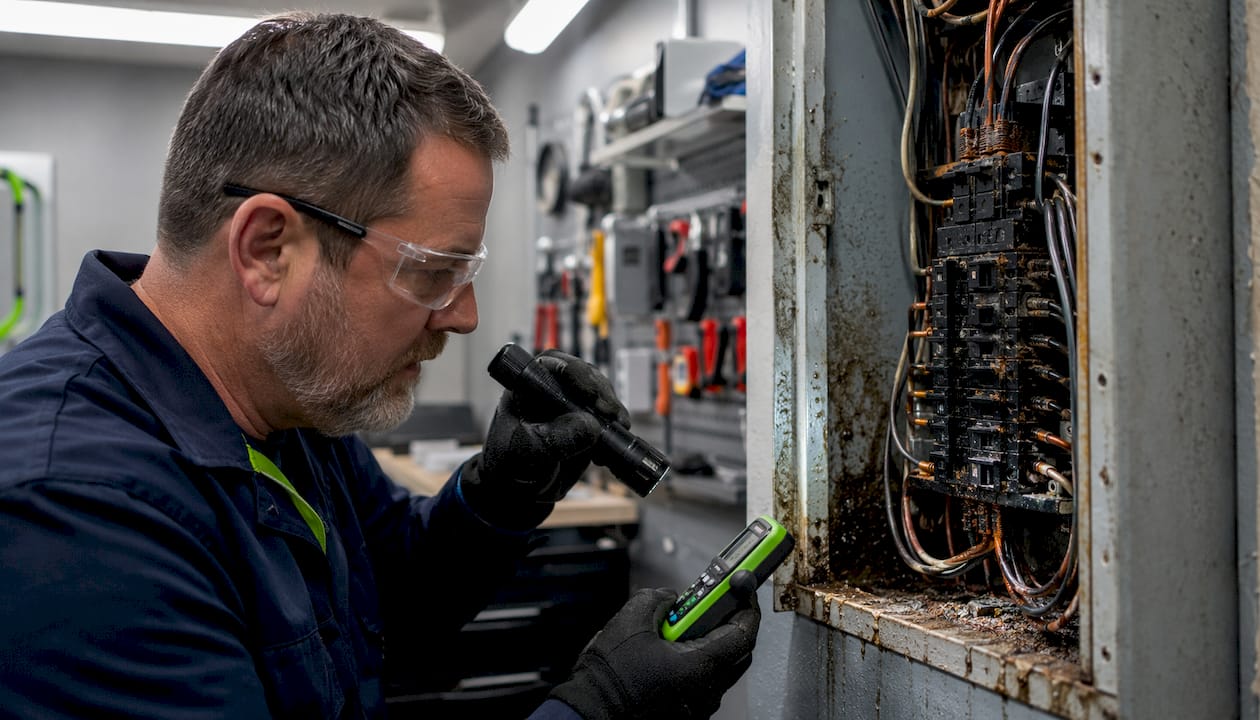 1784957270582_Electrician-inspecting-water-damaged-wiring-in-basement Electrician inspecting water damaged wiring in basement