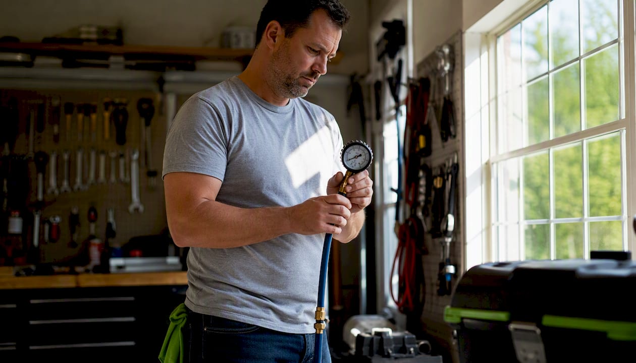 1785560383526_Homeowner-checking-water-pressure-gauge Homeowner checking water pressure gauge